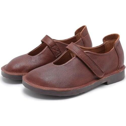 Women Natural Genuine Leather Ballet Flats Sneakers Women Oxford Shoes Buckle Strap Round Toe soft Retro Comfortable women shoes