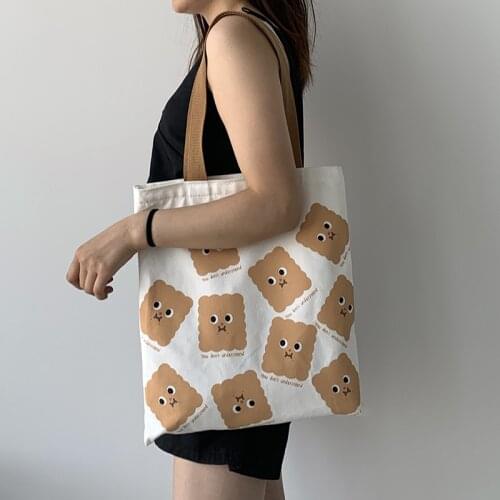Women Canvas Shoulder Bags Cute Cartoon Shopping Bag Girls Ulzzang Handbags Tote Cotton Fabric Eco Reusable Grocery Beach Bags