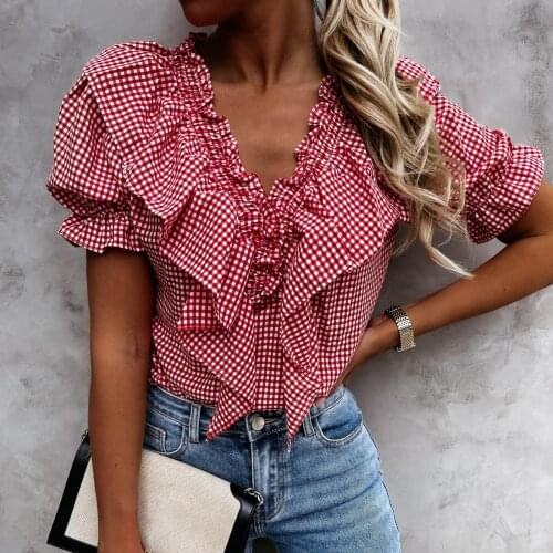 Ruffles Womens Tops And Blouses V-neck Plaid Print Falbala Lantern Short Sleeves Shirt Casual Harajuku Blusas Mujer De Moda 2021