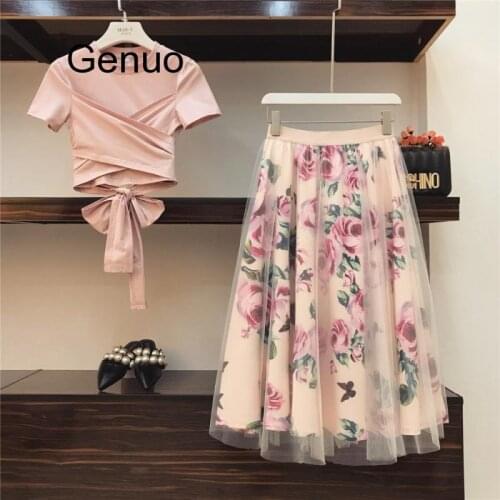 HIGH QUALITY Women Irregular T Shirt+Mesh Skirts Suits Bowknot Solid Tops Vintage Floral Skirt Sets Elegant Woman Two Piece Set