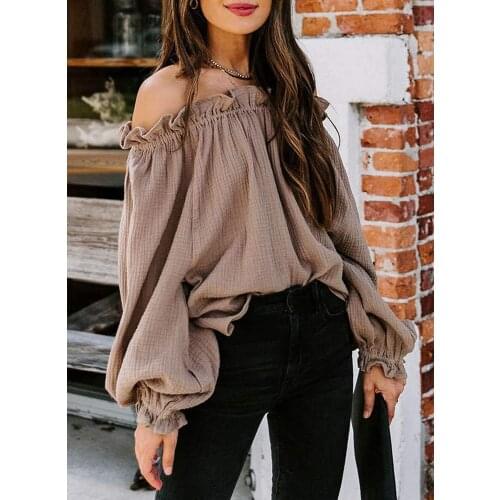 Women Coffee Sexy Off Shoulder Ruffle Tops Vintage 2021 New Spring Fall T-shirts Fashion Solid Slim Tops Lady Casual Tops Tee