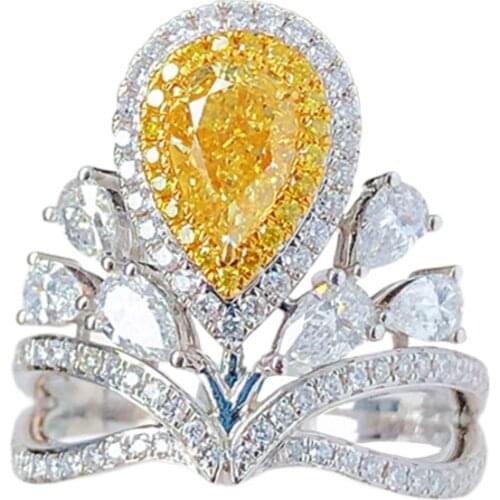 Womens Noble Yellow Crystal Zircon Water Drop Shape Crown Rings Fashion Jewelry For Women Wedding Party Accessories