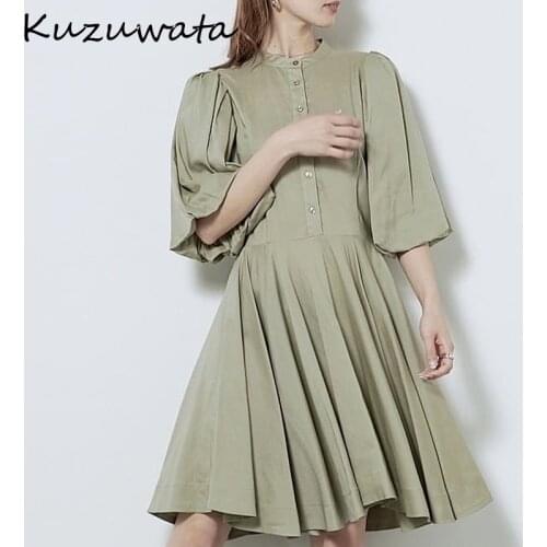 Kuzuwata 2021 Summer New Dresses Stand Collar Lantern Sleeve Single Breasted Slim Waist Solid Vestidos Temperament Women Robe