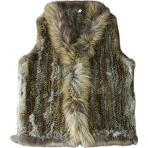2019 Women Genuine Natural Real rabbit fur Knitted Vests /Waistcoat/ gilet /coats with tassels Raccoon Fur collar