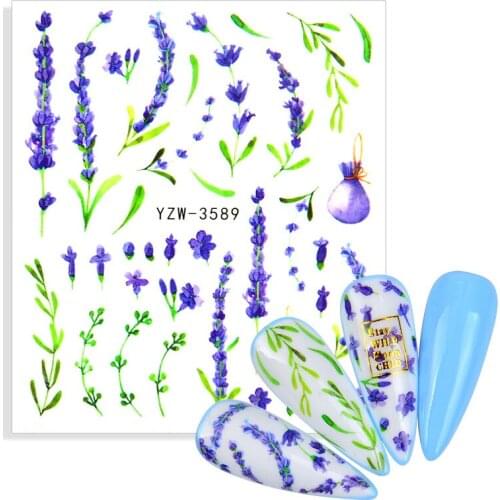 1 Sheet Blooming Lavender Water Decals Green Leaves Flower Nail Art Transfer Watermark Tattoo Sticker Nails Slider Decoration