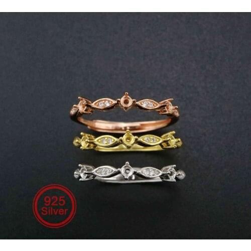 2MM Round Bezel 3 Stones Vintage Style Rose Gold Plated Solid 925 Sterling Silver Adjustable Prong Ring Settings Blank 1210071