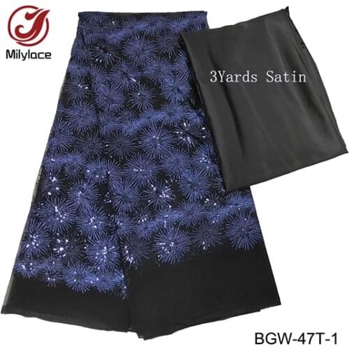 5 Yards per lot french lace fabric with sequins good quality lace fabric african navy blue mesh lace fabric for party BGW-D