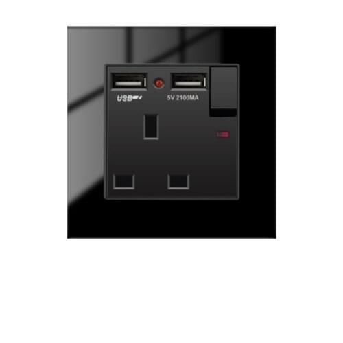 86 British 13A Electric Socket with Switch USB,Tempered Glass Panel,International Socket With Indicator Light and USB ports