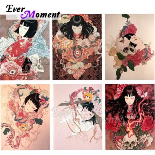 Ever Moment Diamond Painting Japanese Manga Embroidery Art Fantasy Scary Skull And Skeleton Flowers Pink Cool Girl 5D ASF2338