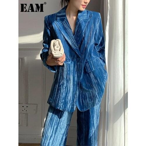 [EAM] Wide Leg Pants Two Piece Suit New Notched Collar Long Sleeve Blue Loose Fit Women Fashion Tide Spring Autumn 2021 1DD5239