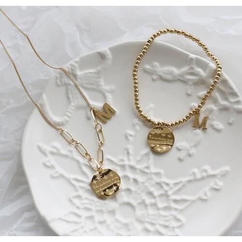 MODAGIRL High Quality Gold Plated Letter M Stainless Steel Jewelry Set Curved Coin Charm Bead Bracelet Necklace Women