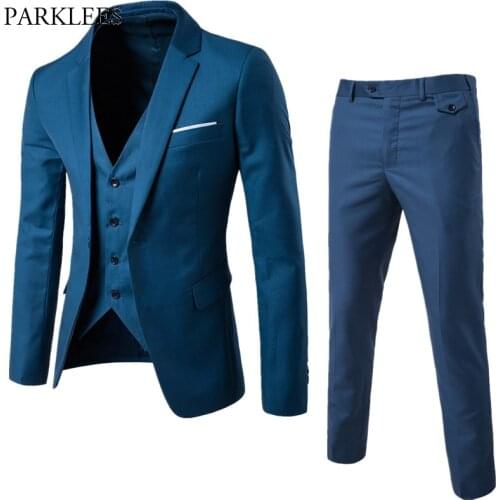 Mens Blue One Button 3 Pieces Suits Brand Slim Fit Business Grooming Mens Tuxedo Suit Blazer Jacket Coat+Trousers +Waistcoat