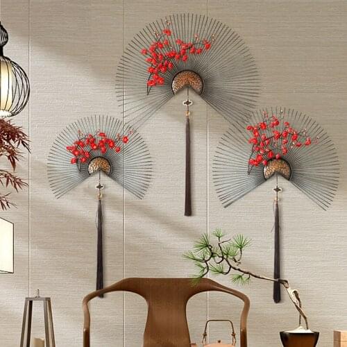 Metal Iron Fan Wall Decoration Hotel Living Room Corridor Chinese Style Red Plum Wall Decoration Home Office Decor Accessories