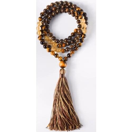 108 Mala Beads Necklace Natural Yellow Quartz Tiger Eye Stone Necklace Mens Necklaces Prayer Yoga Meditation Tassel Necklaces