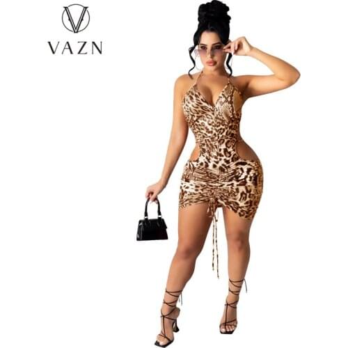 VAZN New 2021 Leopard Summer Beach Swimming Bikini Dress Sexy Regular Dress Women Elegant Fashion Dress Slim Dress