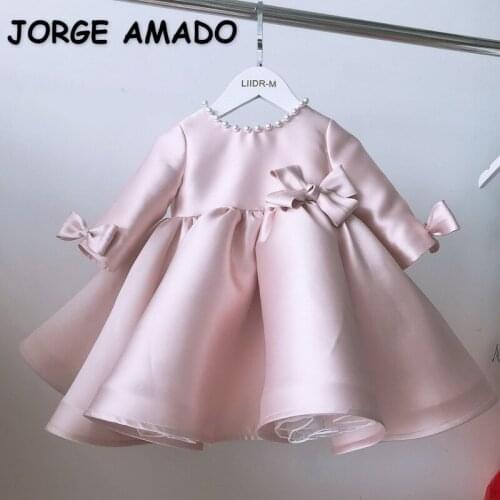 2021 New Spring Girls Dress Pink Long Sleeve Satin Bow Party Hoster Piano Competition Flower Girl Dresses for Weddings E1030