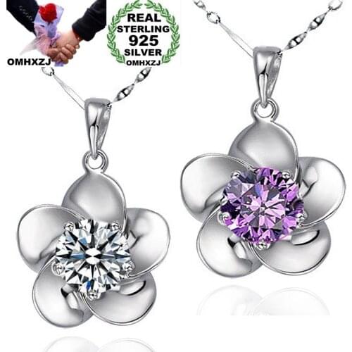 OMHXZJ Wholesale Personality Fashion OL Woman Gift Flower White Blue Amethyst AAA Zircon 925 Sterling Silver Pendant Charm CH37