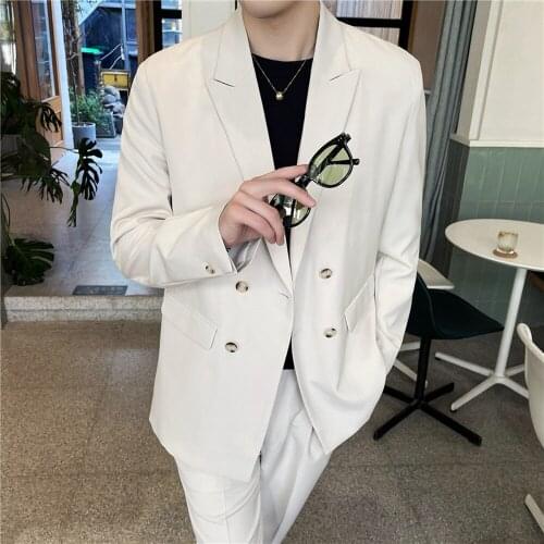 Autumn Winter Suit Men Korean Style Solid Color Slim Double-breasted Casual Suit Gentleman Wedding Groom Tuxedos Suit 2 Pcs Set