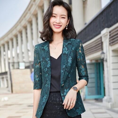 Half Sleeve Elegant Lace Blazers Jackets Coat for Women Professsional Spring Summer Business Work Wear OL Styles Outwear Tops