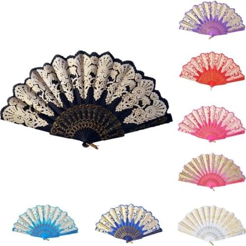 Luxury Fashion Folding Fan Flower Lace Silk Wedding Dance Party Stage Performance Decoration Fashion Hot Stamping Hand Held Fan