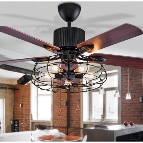 American retro fan lamp 52inch mahogany fan leaf living room dining room decoration loft black iron paint fan lamp high quality