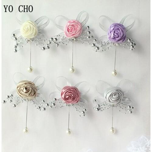 YO CHO Corsage Groom Boutonniere Artificial Flower Silk Brooch Fake Pearl Girl Corsage Wedding Planner Supplies Prom Party Decor