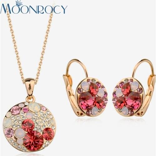 MOONROCY Dropshipping Cubic Zirconia Rose Gold Color Crystal Necklace and Earrings Red Jewelry Set for Women Jewelry Wholesale