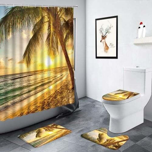 Ocean Landscape Shower Curtains Dusk Palm Tree Beach Seaside Scenery Bathroom Decor Non-slip Carpet Toilet Mats Rug Bath Mat Set