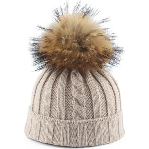 2019 Womens Hat Big Real Fur Pompom Beanie Cap Girls Winter Hats For Women Parent-Child Knitted Hat Cotton Skullies