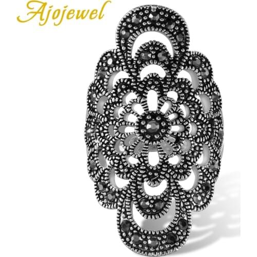 Ajojewel #7-9 Antique Jewelry Hollow Flower Female Ring Black Rhinestone New Fashion Accessories