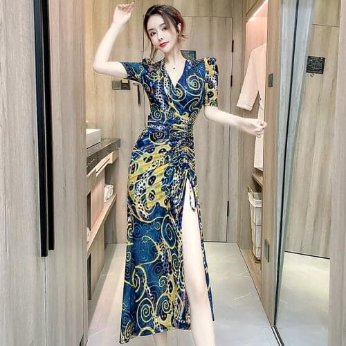 Summer Vintage Puff Sleeve Draw String Split Midi Party Dress Ladies Elegant Robe Casual V-Neck Print Boho Beach Vacation Dress