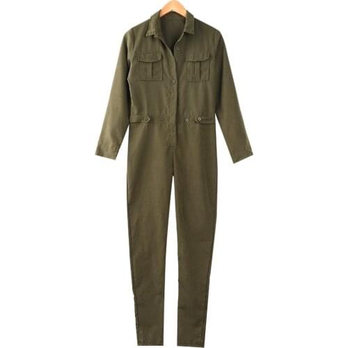 2019 spring casual deep V button solid color dark green jumpsuit popular