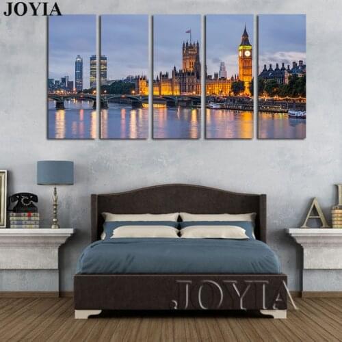 5 Piece Home Decor Painting Canvas London Cityscape Wall Pictures Thames River Dusk And Big Ben Canvas Art Set No Frame