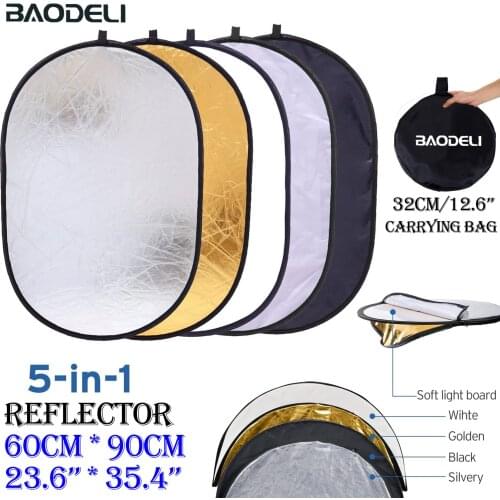 23.6"x35.4" 60x90cm 5in1 Reflector Photography Collapsible Portable Light Diffuser Oval Photo Disc Multi Color Silvery Black