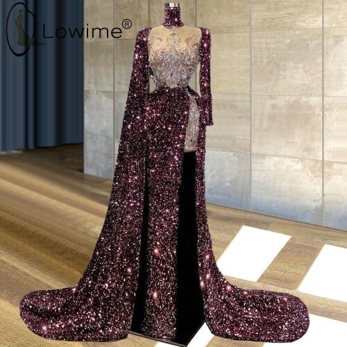 Arabic Style Sparkly Sequin Purple Mermaid Evening Dresses 2021 Sexy Muslim High Neck Long Sleeves Evening Gowns with Split
