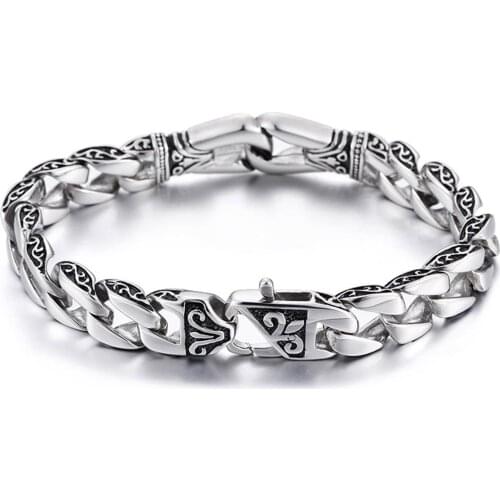 Granny Chic Boys Mens Paraoh Pattern Bracelet Silver Color Stainless Steel Curb Cuban Chain Gothic Bangle Jewelry 15mm 22.5cm