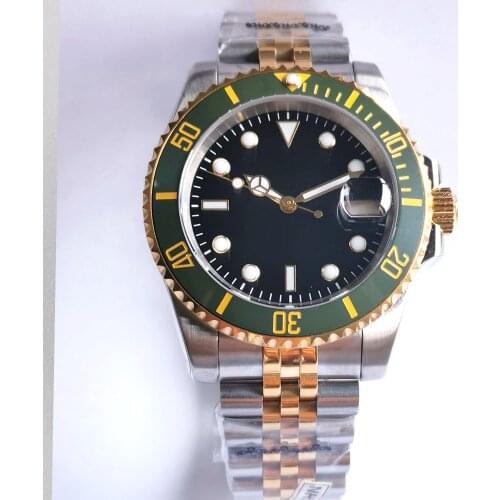 Gold Plated 40mm Sapphire Mens Automatic Watch Japan NH35 Black Sterile Dial Date Cyclops two-tone Jubilee bracelet Bliger