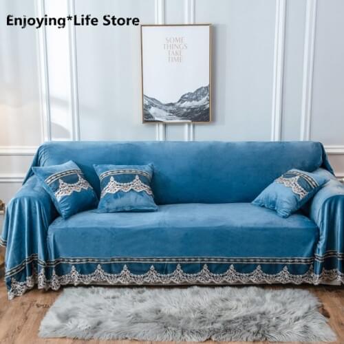 European Luxury 1/2/3/4-seater Sofa Cover Solid Color Universal Sofa Towel with Lace Embroided All-inclusive Dust Couch Cover