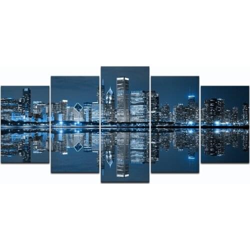 Chicago Downtown at Night Picture Canvas Print - Modern City Wall Art - 5 Panels Oil Painting Drop shipping