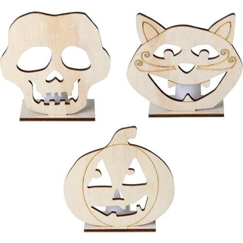 Halloween Wooden Candle Light DIY Ornaments Night Light Pumpkin Ghost Skull Desktop Decoration Halloween Festival Competent