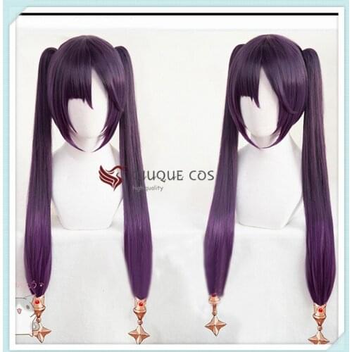 Genshin Impact Cosplay Mona Wig Long Straight Twin Ponytails Bangs Dark Purple Heat Resistant Hair Adult Halloween Wig + Wig Cap