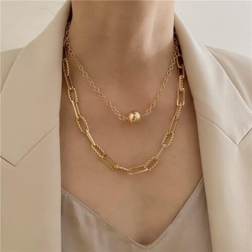 Korean Retro Double Layers Linked Chain Necklaces Gold Color Beads Twisted Chokers Necklace for Women Female Vintage Jewelry
