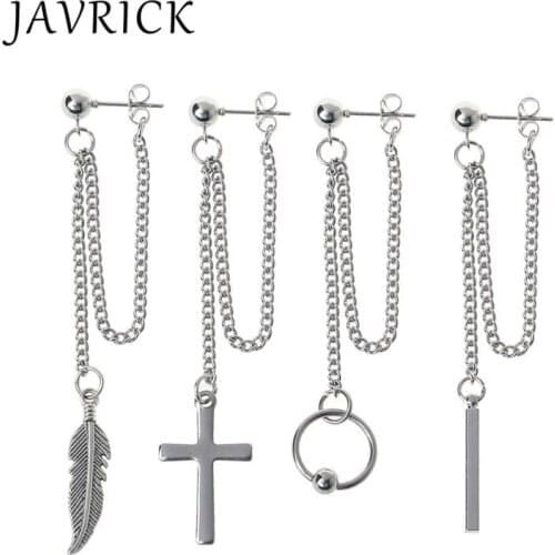 KPOP Earrings Titanium Steel Korean Bangtang Boys Cross Leaf Pendant Double Chain Earring Jewelry Accessories For Men Women