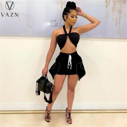 VAZN 2021 Summer Halter Black Color Sexy Swimming Elegant Street Clothing Suits 2 Piece Set Women Top And Pant