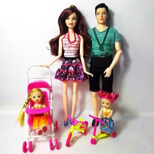 Fashion Family 4 People Dolls Suits 1 Mom/1 Dad/2 Little Kelly Girl/1 mini bicycle/1 Baby Carriage for Girl Play House Toys Gift
