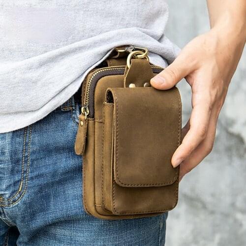 Mens waist bag top layer cowhide belt bag mens work site wear belt vertical leather multi-function mobile phone bag