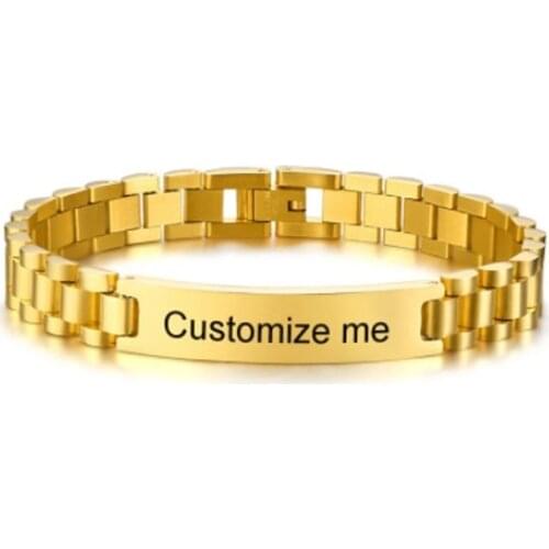 Gold Tone Stainless Steel Mens ID Bracelets Free Engrave Laser Name Date Bracelets Men Customize Gift Personalized Name Bracelet