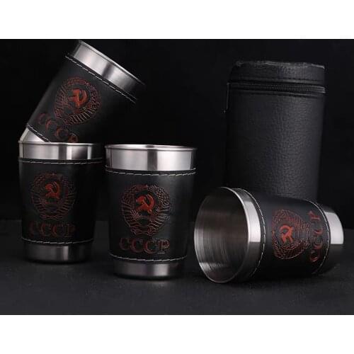 4Pcs/Set Stainless Steel Vodka Cup Set Portable Mini Wine Tumbler With Leather Cover Case Bag Outdoor Bar Wine Beer Whiskey Cup