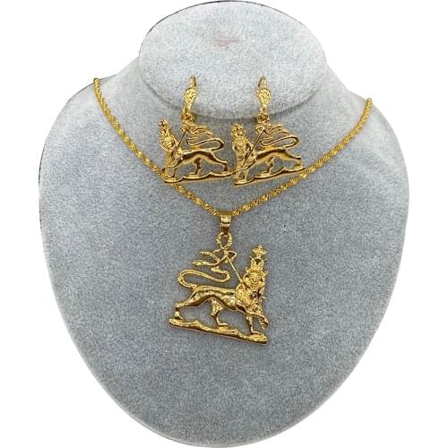The Lion of Judah Jewelry Set Ethiopian Lion Earring Pendant Necklace Gold Color for Women Men Charms Ethnic African Gifts
