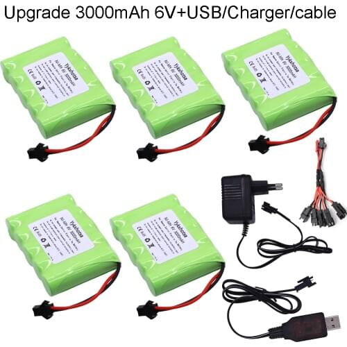 6v 3000mAh NI-MH Battery and Charger/USB/cable For RC Toy Cars Boats Robots Tanks Gun AA upgrade 3000mah 6v Battery Pack SM Plug